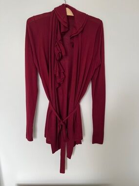 Elie Tahari Ruffled Open Front Cardigan - Deep Burgundy, Size Medium